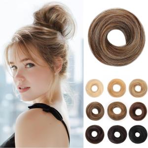 17G Extensions de cheveux en cheveux naturels avec élastique, accessoire chignon donut désordonné, cheveux ondulés pour femmes, brun foncé avec forme de chignon en lin foncé, véritable([Droite] Marron moyen avec blond foncé chiné)