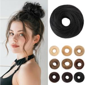 17G Extensions de cheveux en cheveux naturels avec élastique, accessoire chignon donut désordonné, cheveux ondulés pour femmes, brun foncé avec forme de chignon en lin foncé, véritable([Droit] Noir profond)