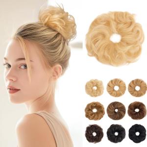 17G Extensions de cheveux en cheveux naturels avec élastique, accessoire chignon donut désordonné, cheveux ondulés pour femmes, brun foncé avec forme de chignon en lin foncé, véritable([Ondulé] Blond décoloré)