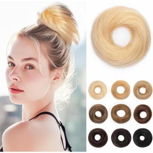 17G Extensions de cheveux en cheveux naturels avec élastique, accessoire chignon donut désordonné, cheveux ondulés pour femmes, brun foncé avec forme de chignon en lin foncé, véritable([Droite] Blond platine)