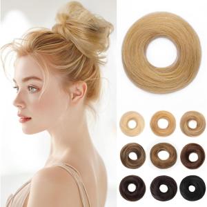 17G Extensions de cheveux en cheveux naturels avec élastique, accessoire chignon donut désordonné, cheveux ondulés pour femmes, brun foncé avec forme de chignon en lin foncé, véritable([Droite] Blond doré)