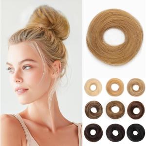 17G Extensions de cheveux en cheveux naturels avec élastique, accessoire chignon donut désordonné, cheveux ondulés pour femmes, brun foncé avec forme de chignon en lin foncé, véritable([Droite] Blond foncé)