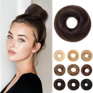 17G Extensions de cheveux en cheveux naturels avec élastique, accessoire chignon donut désordonné, cheveux ondulés pour femmes, brun foncé avec forme de chignon en lin foncé, véritable([Droit] Marron foncé)