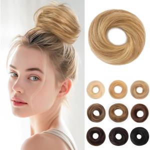 17G Extensions de cheveux en cheveux naturels avec élastique, accessoire chignon donut désordonné, cheveux ondulés pour femmes, brun foncé avec forme de chignon en lin foncé, véritable([Droite] Lin foncé avec blond platine)