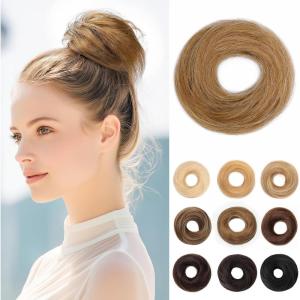 17G Extensions de cheveux en cheveux naturels avec élastique, accessoire chignon donut désordonné, cheveux ondulés pour femmes, brun foncé avec forme de chignon en lin foncé, véritable([Droit] Marron doré)