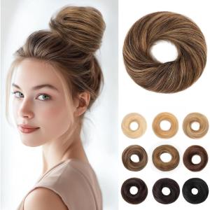 17G Extensions de cheveux en cheveux naturels avec élastique, accessoire chignon donut désordonné, cheveux ondulés pour femmes, brun foncé avec forme de chignon en lin foncé, véritable([Droit] Marron foncé avec lin foncé)