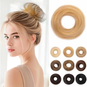 17G Extensions de cheveux en cheveux naturels avec élastique, accessoire chignon donut désordonné, cheveux ondulés pour femmes, brun foncé avec forme de chignon en lin foncé, véritable([Droite] Blond clair avec mèches blond platine)