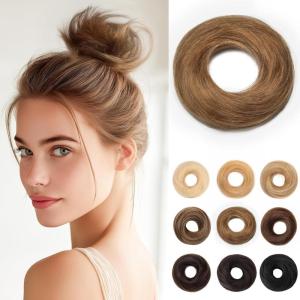 17G Extensions de cheveux en cheveux naturels avec élastique, accessoire chignon donut désordonné, cheveux ondulés pour femmes, brun foncé avec forme de chignon en lin foncé, véritable([Droit] Marron clair)