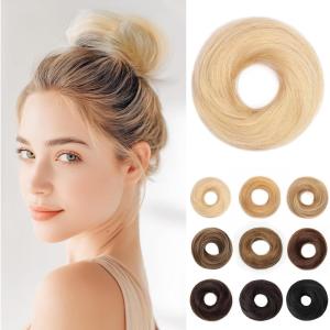 17G Extensions de cheveux en cheveux naturels avec élastique, accessoire chignon donut désordonné, cheveux ondulés pour femmes, brun foncé avec forme de chignon en lin foncé, véritable([Droite] Blond décoloré)