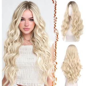BARSDAR Longue Ondulée Blond Clair Perruque, 66cm Bouclées Naturel Synthétiques Perruque Épais Doux Blonde Perruques pour Femme Cosplay Fête Quotidienne (Blond Clair)(Ombre Blonde Naturelle)