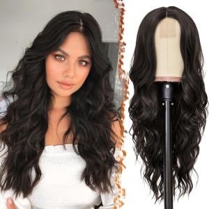 BARSDAR Longue Ondulée Blond Clair Perruque, 66cm Bouclées Naturel Synthétiques Perruque Épais Doux Blonde Perruques pour Femme Cosplay Fête Quotidienne (Blond Clair)(Brun Foncé)