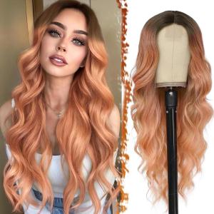 BARSDAR Longue Ondulée Blond Clair Perruque, 66cm Bouclées Naturel Synthétiques Perruque Épais Doux Blonde Perruques pour Femme Cosplay Fête Quotidienne (Blond Clair)(Ombre Rose)