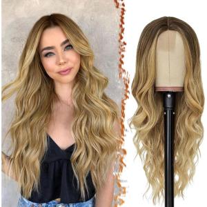 BARSDAR Longue Ondulée Blond Clair Perruque, 66cm Bouclées Naturel Synthétiques Perruque Épais Doux Blonde Perruques pour Femme Cosplay Fête Quotidienne (Blond Clair)(Ombre Blond)