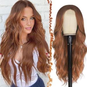 BARSDAR Longue Ondulée Blond Clair Perruque, 66cm Bouclées Naturel Synthétiques Perruque Épais Doux Blonde Perruques pour Femme Cosplay Fête Quotidienne (Blond Clair)(Ombre Auburn)