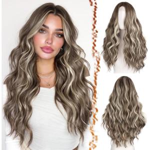 BARSDAR Longue Ondulée Blond Clair Perruque, 66cm Bouclées Naturel Synthétiques Perruque Épais Doux Blonde Perruques pour Femme Cosplay Fête Quotidienne (Blond Clair)(Mèches Blondes Brun Cendré)