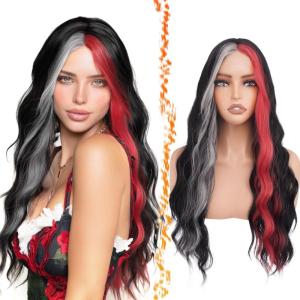 BARSDAR Longue Ondulée Blond Clair Perruque, 66cm Bouclées Naturel Synthétiques Perruque Épais Doux Blonde Perruques pour Femme Cosplay Fête Quotidienne (Blond Clair)(Noir Rouge Gris)
