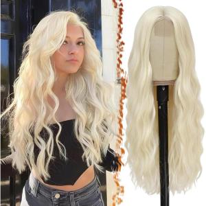 BARSDAR Longue Ondulée Blond Clair Perruque, 66cm Bouclées Naturel Synthétiques Perruque Épais Doux Blonde Perruques pour Femme Cosplay Fête Quotidienne (Blond Clair)(Blond Platine)