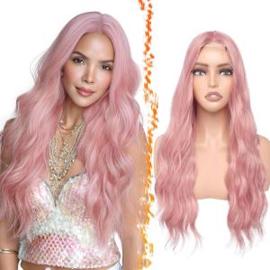 BARSDAR Longue Ondulée Blond Clair Perruque, 66cm Bouclées Naturel Synthétiques Perruque Épais Doux Blonde Perruques pour Femme Cosplay Fête Quotidienne (Blond Clair)(Rose)