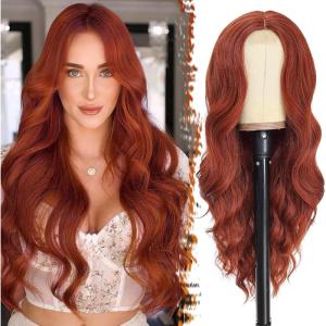 BARSDAR Longue Ondulée Blond Clair Perruque, 66cm Bouclées Naturel Synthétiques Perruque Épais Doux Blonde Perruques pour Femme Cosplay Fête Quotidienne (Blond Clair)(Cuivré Auburn)