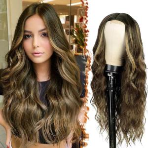 BARSDAR Longue Ondulée Blond Clair Perruque, 66cm Bouclées Naturel Synthétiques Perruque Épais Doux Blonde Perruques pour Femme Cosplay Fête Quotidienne (Blond Clair)(Brun Mixte Blond)