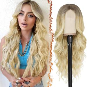 BARSDAR Longue Ondulée Blond Clair Perruque, 66cm Bouclées Naturel Synthétiques Perruque Épais Doux Blonde Perruques pour Femme Cosplay Fête Quotidienne (Blond Clair)(Ombre Platinum Blond)