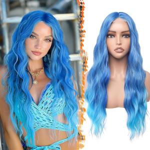 BARSDAR Longue Ondulée Blond Clair Perruque, 66cm Bouclées Naturel Synthétiques Perruque Épais Doux Blonde Perruques pour Femme Cosplay Fête Quotidienne (Blond Clair)(Bleu Ombre)