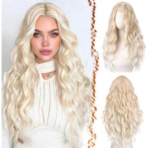 BARSDAR Longue Ondulée Blond Clair Perruque, 66cm Bouclées Naturel Synthétiques Perruque Épais Doux Blonde Perruques pour Femme Cosplay Fête Quotidienne (Blond Clair)(Naturelle Blond)