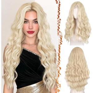 BARSDAR Longue Ondulée Blond Clair Perruque, 66cm Bouclées Naturel Synthétiques Perruque Épais Doux Blonde Perruques pour Femme Cosplay Fête Quotidienne (Blond Clair)(Blond Clair)