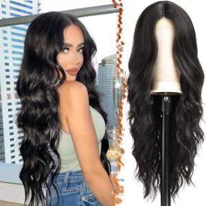 BARSDAR Longue Ondulée Blond Clair Perruque, 66cm Bouclées Naturel Synthétiques Perruque Épais Doux Blonde Perruques pour Femme Cosplay Fête Quotidienne (Blond Clair)(Naturelle Noir)