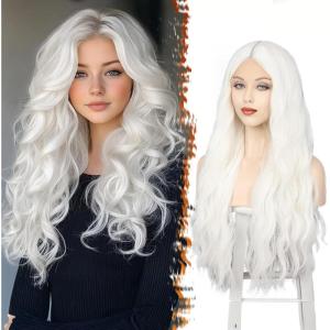 BARSDAR Longue Ondulée Blond Clair Perruque, 66cm Bouclées Naturel Synthétiques Perruque Épais Doux Blonde Perruques pour Femme Cosplay Fête Quotidienne (Blond Clair)(Blanc)